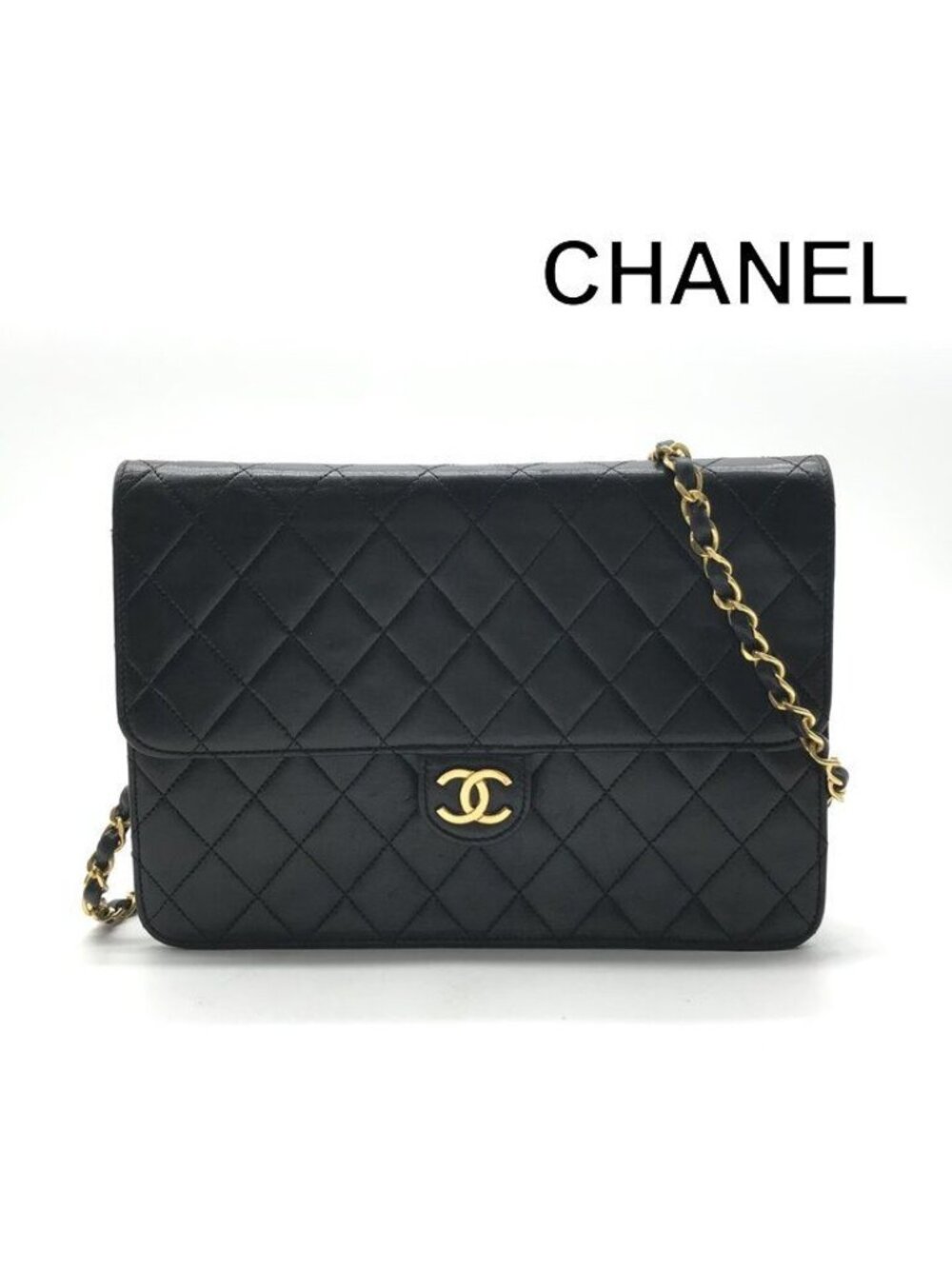 Chanel CC Logo Quilted Lambskin Chain Shoulder Bag Black Push Lock